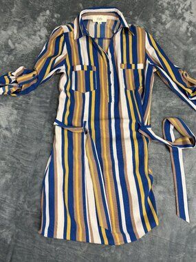 Katella Couture Womens Blue Yellow Striped Belted Shirt Dress S